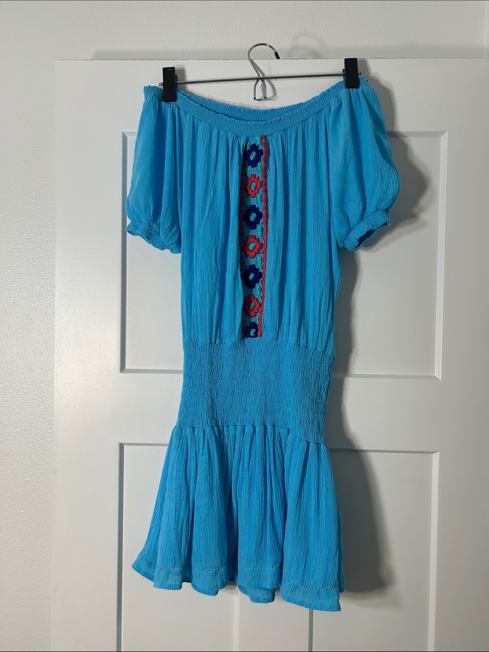 Bright Blue Off-Shoulder Mini Dress with Embroidered Trim